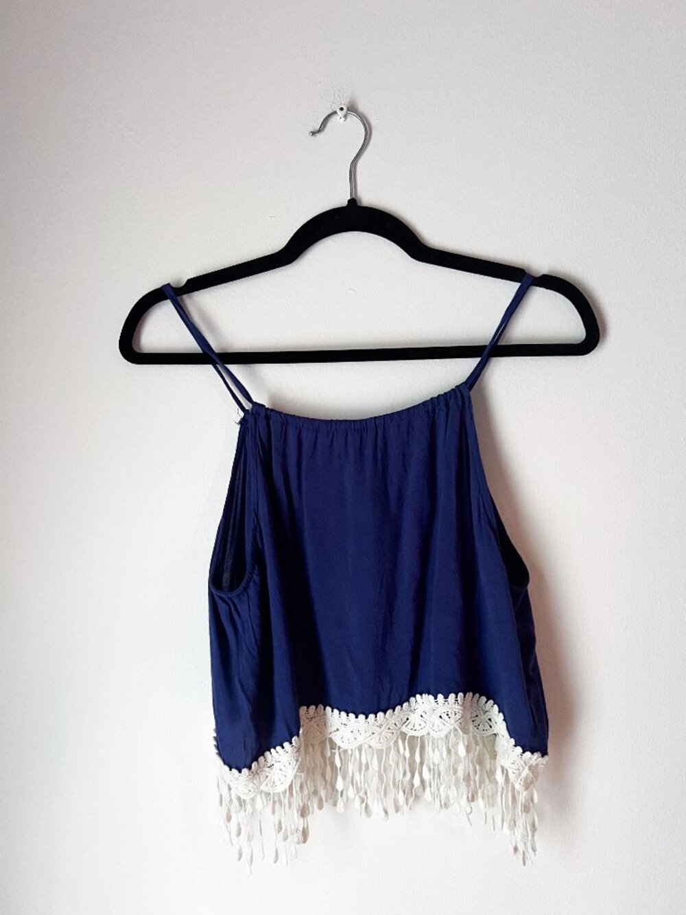 Kori Blue Flowy Boho Tassel Crochet Trim Swing Tank Top | Festival | Indie